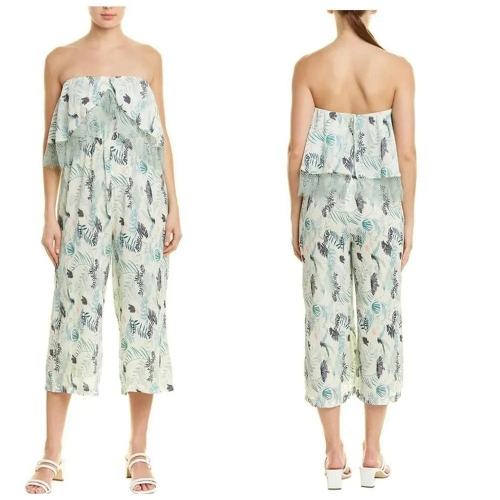Foxiedox Strapless Jumpsuit Small Petite Green Leaf Print Lace Trim Cropped